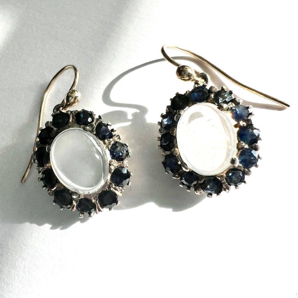 Vintage Moonstone and Sapphire 9CT Gold and Silver Halo Earrings View VIII
