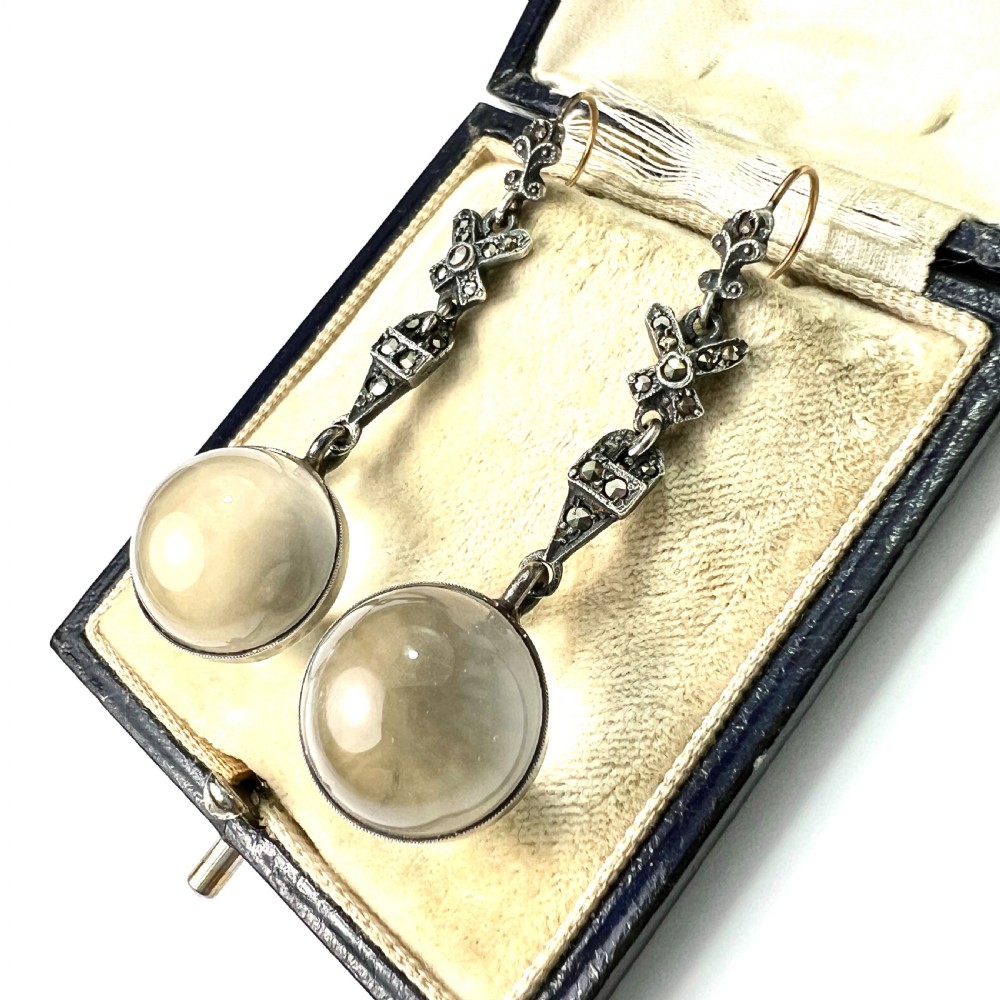 Edwardian Rock Crystal Pools of Light Silver Marcasite Earrings View II
