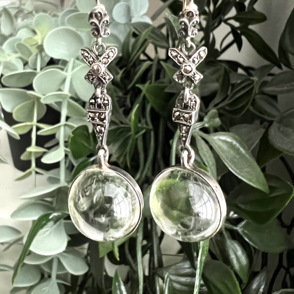 Edwardian Rock Crystal Pools of Light Silver Marcasite Earrings View III