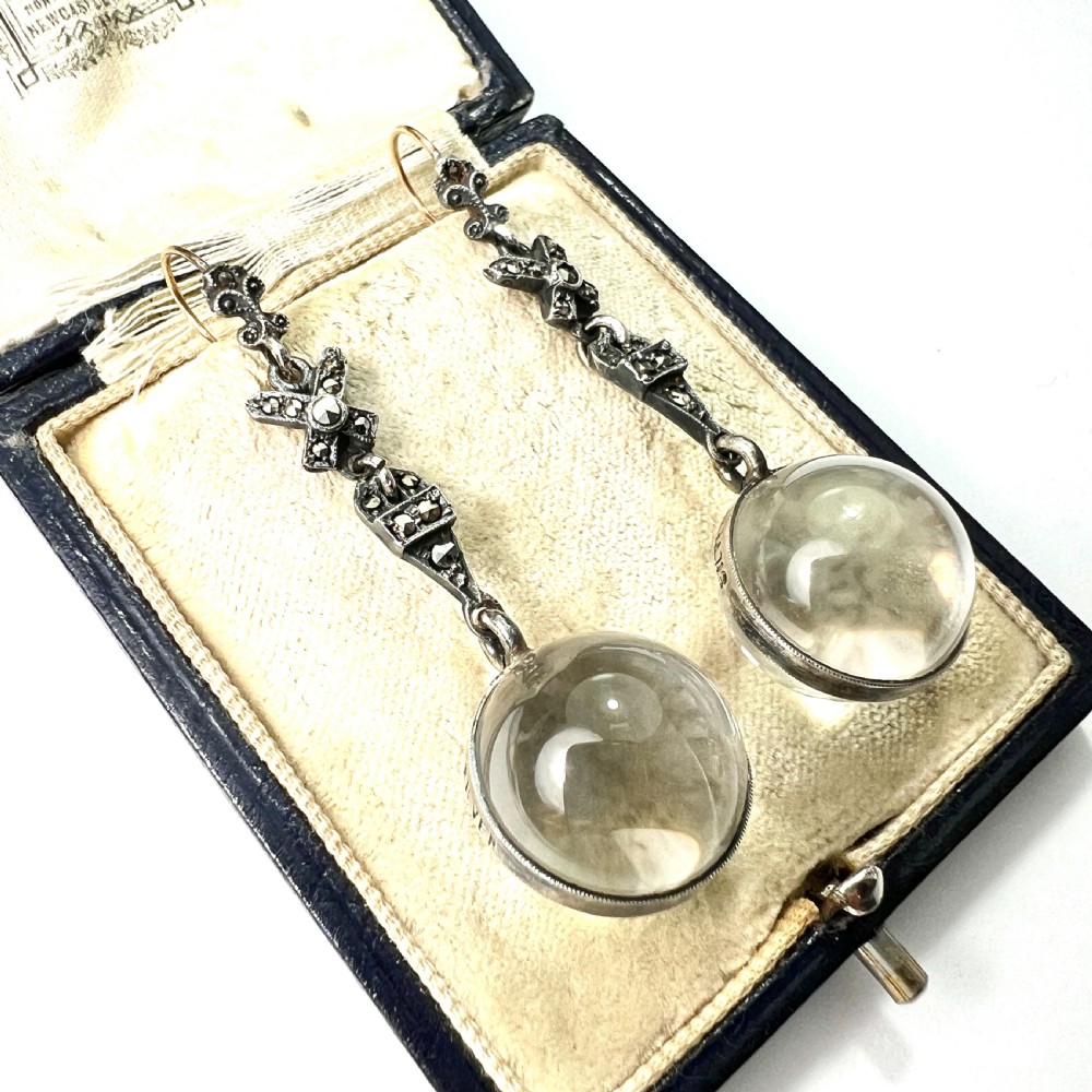 Edwardian Rock Crystal Pools of Light Silver Marcasite Earrings View IV