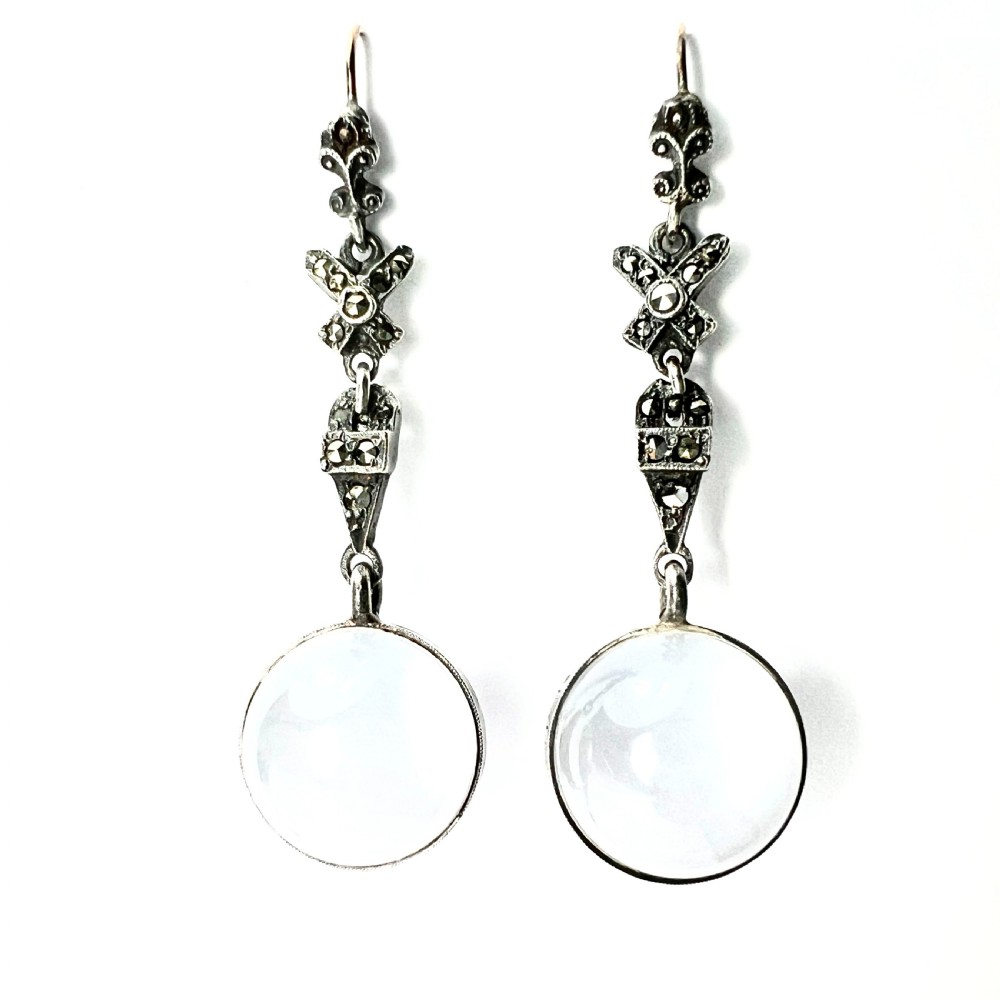 Edwardian Rock Crystal Pools of Light Silver Marcasite Earrings View VII