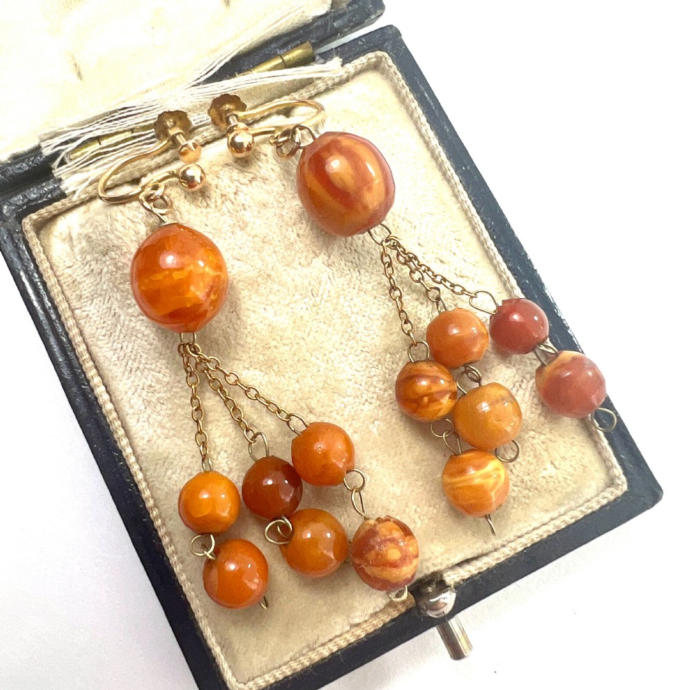 Edwardian Amber 9CT Gold Triple Chain Earrings