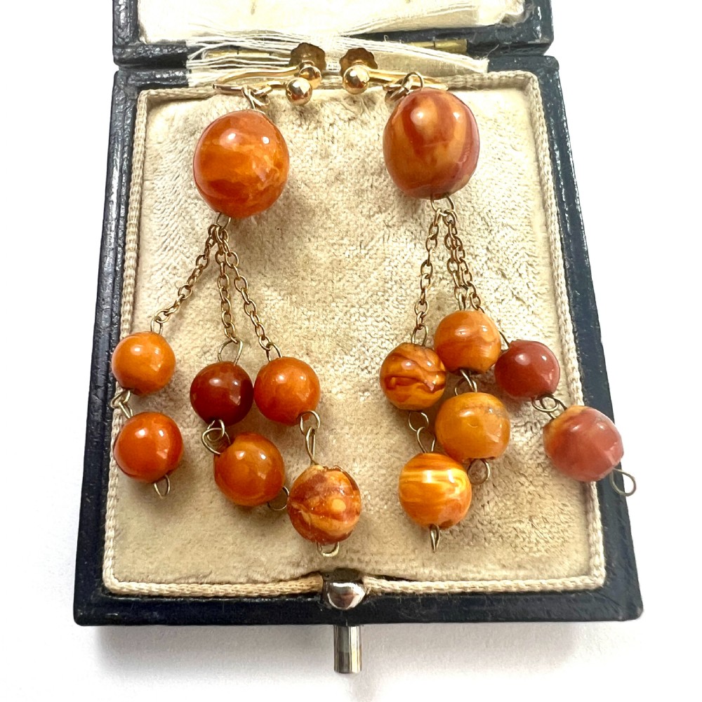 Edwardian Amber 9CT Gold Triple Chain Earrings View II