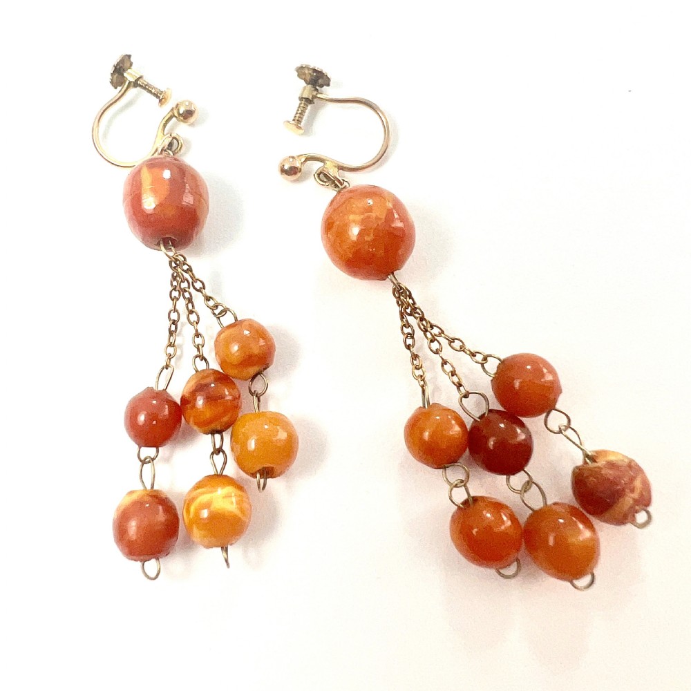 Edwardian Amber 9CT Gold Triple Chain Earrings View IV