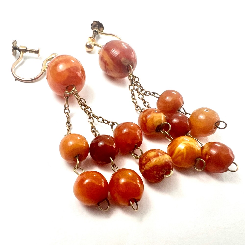Edwardian Amber 9CT Gold Triple Chain Earrings View V