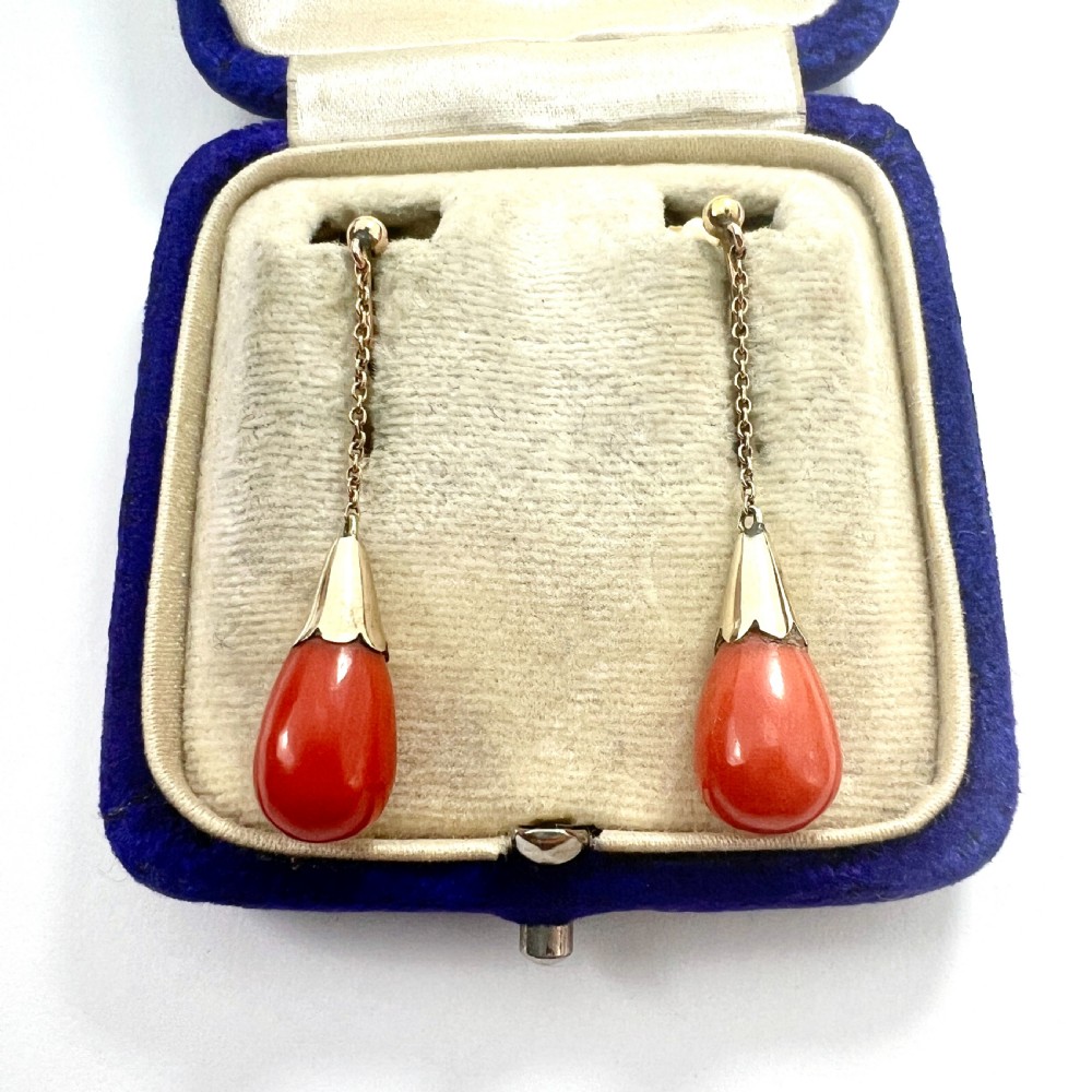 Edwardian 9CT Gold Coral Chain Drop Earrings