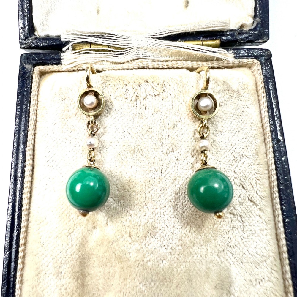 RESERVED for J • Edwardian 15CT Gold Turquoise and Pearl Drop Earrings