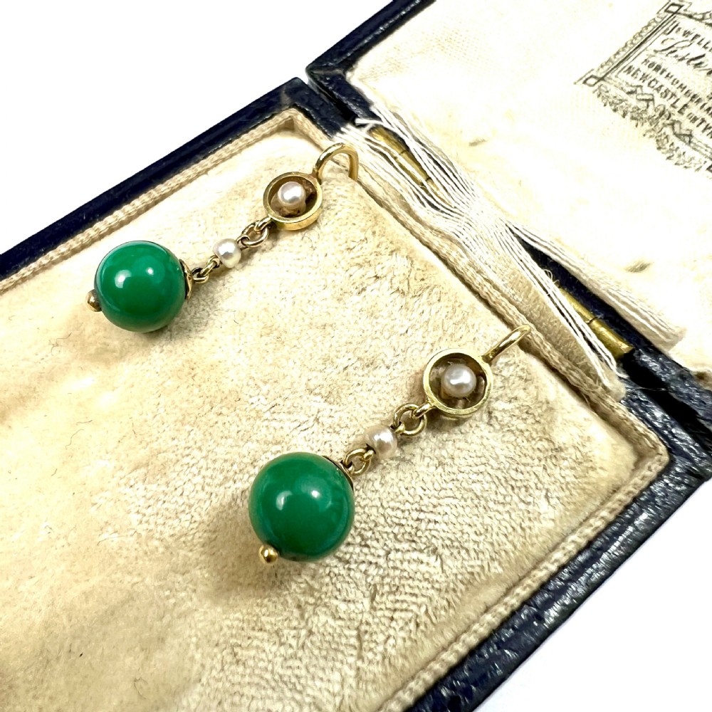 RESERVED for J • Edwardian 15CT Gold Turquoise and Pearl Drop Earrings View III