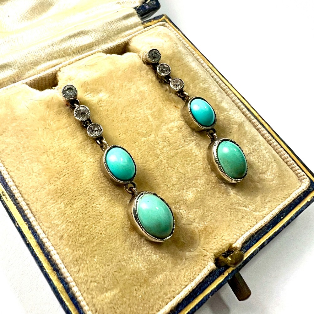 Antique Gold and Silver Turquoise Paste Diamond Earrings