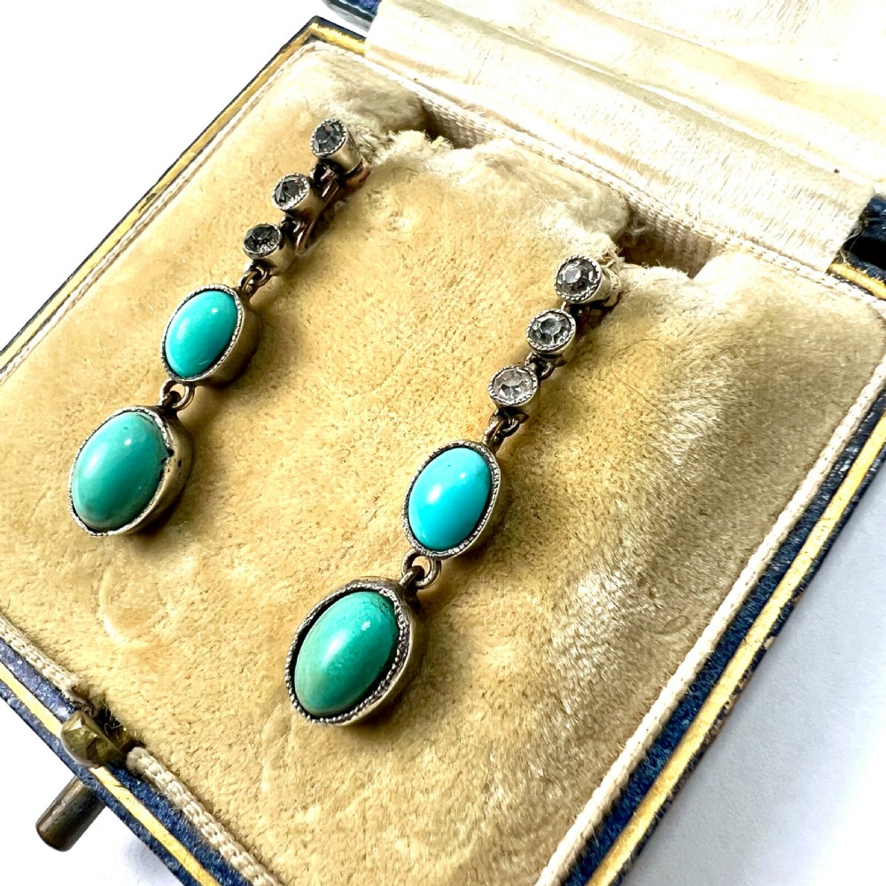 Antique Gold and Silver Turquoise Paste Diamond Earrings View II