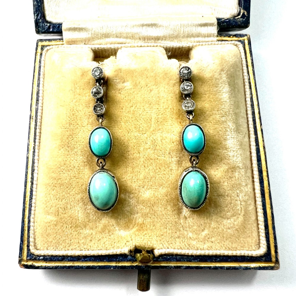 Antique Gold and Silver Turquoise Paste Diamond Earrings View III