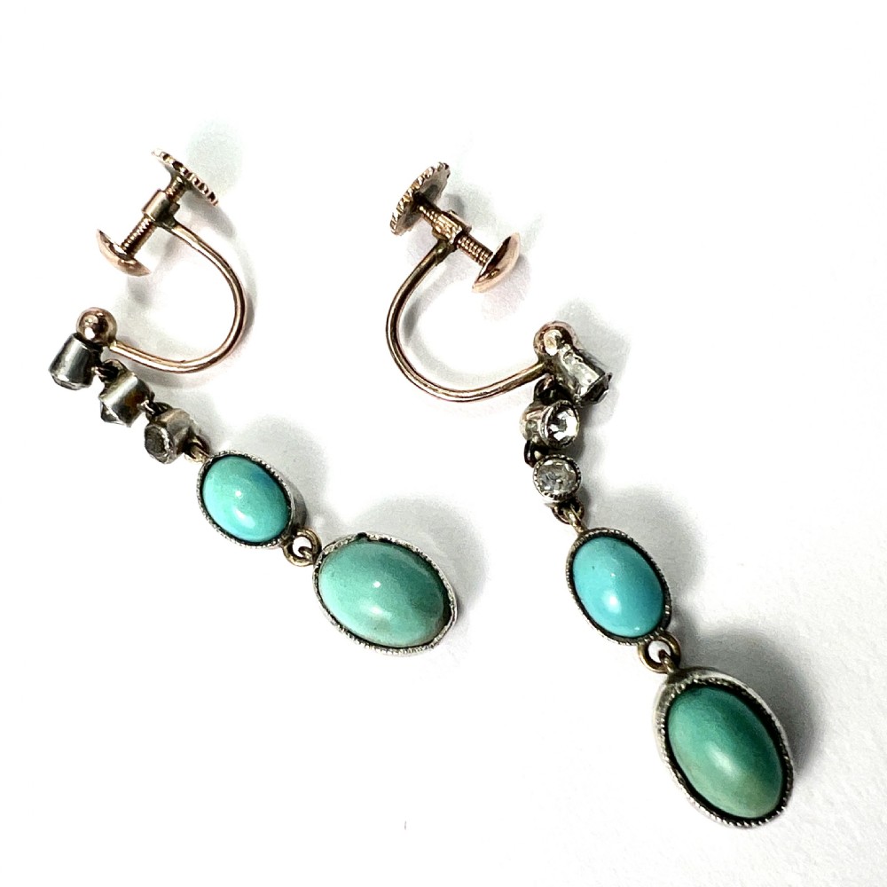 Antique Gold and Silver Turquoise Paste Diamond Earrings View V