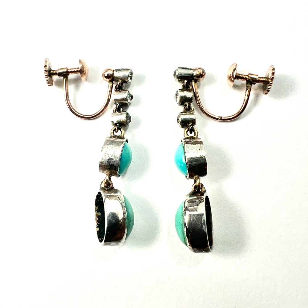 Antique Gold and Silver Turquoise Paste Diamond Earrings View VI
