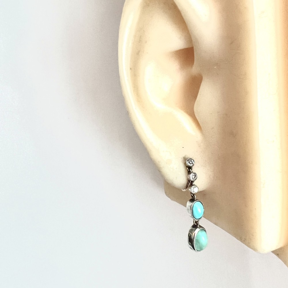 Antique Gold and Silver Turquoise Paste Diamond Earrings View IX
