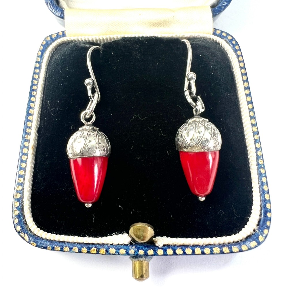 Victorian Silver Red Coral Acorn Earrings
