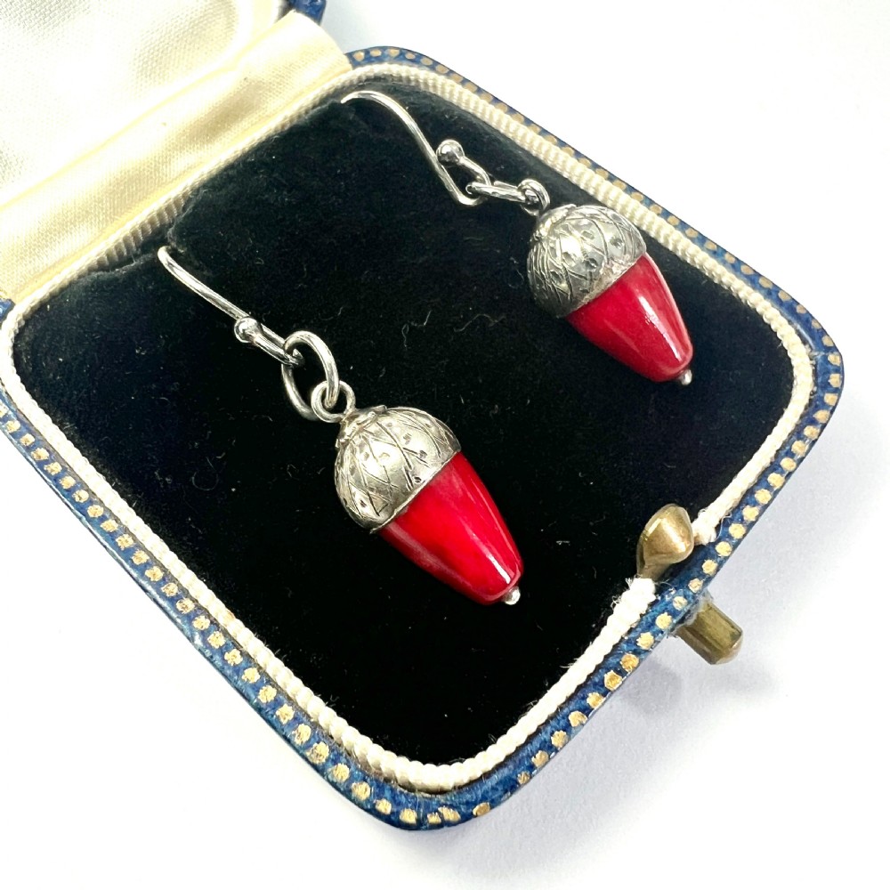 Victorian Silver Red Coral Acorn Earrings View II