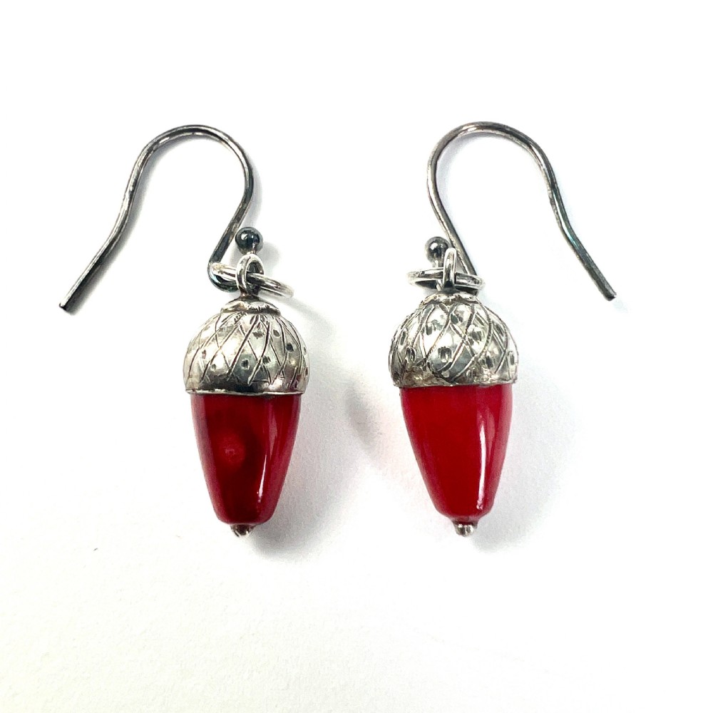 Victorian Silver Red Coral Acorn Earrings View III