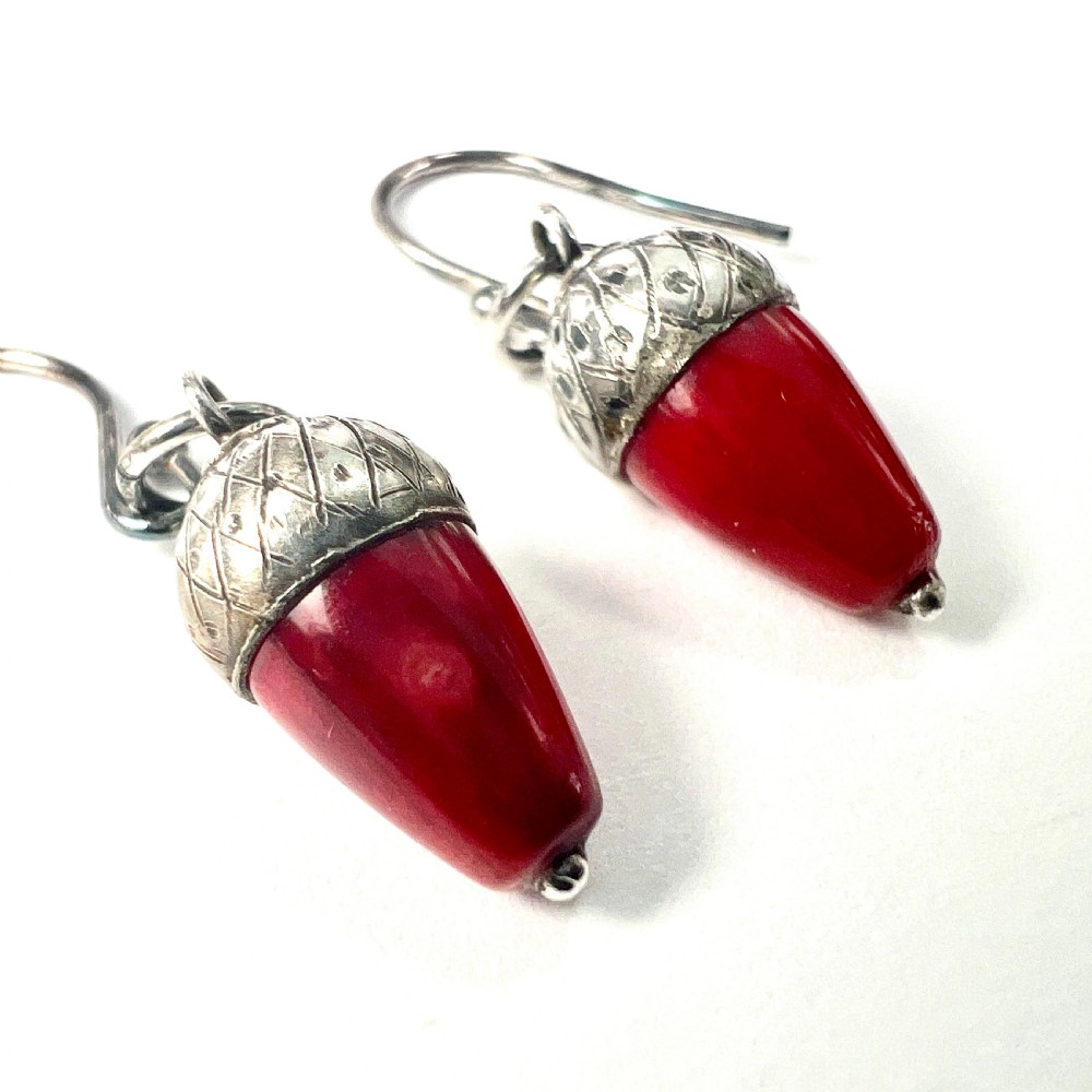 Victorian Silver Red Coral Acorn Earrings View IV