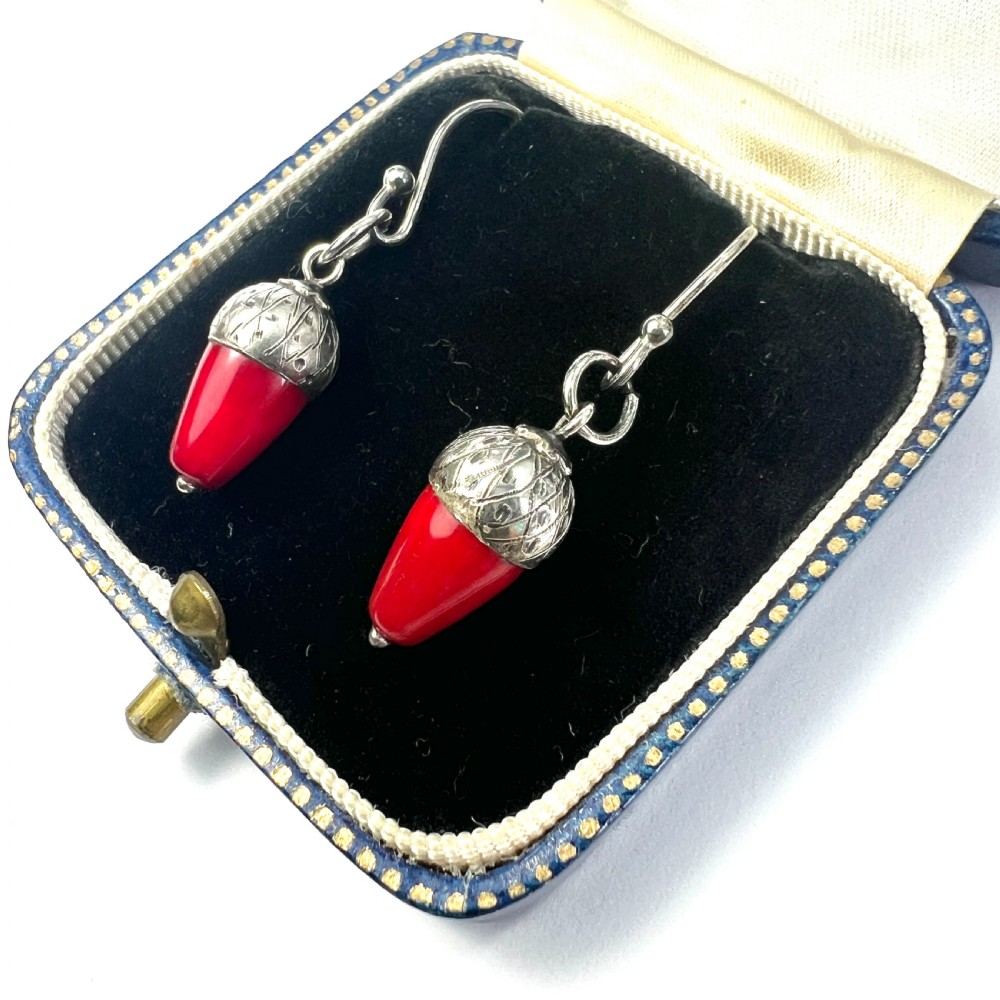 Victorian Silver Red Coral Acorn Earrings View V