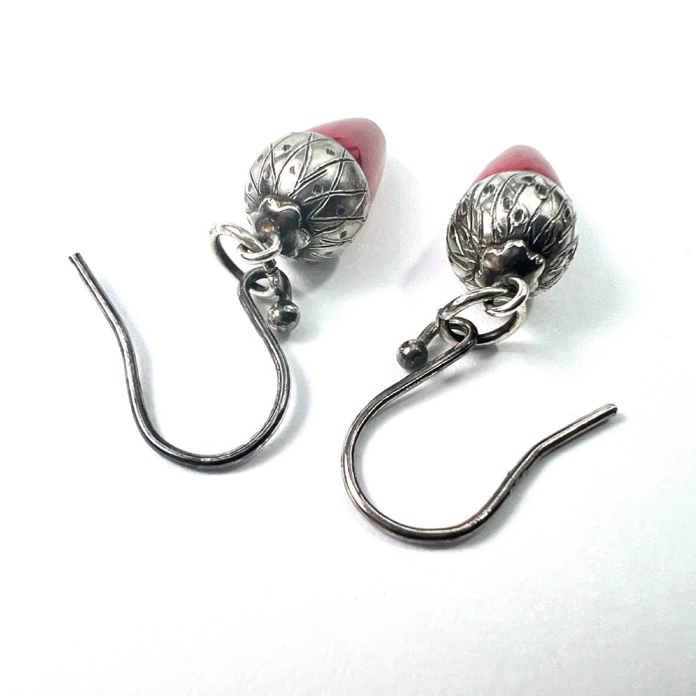 Victorian Silver Red Coral Acorn Earrings View VI
