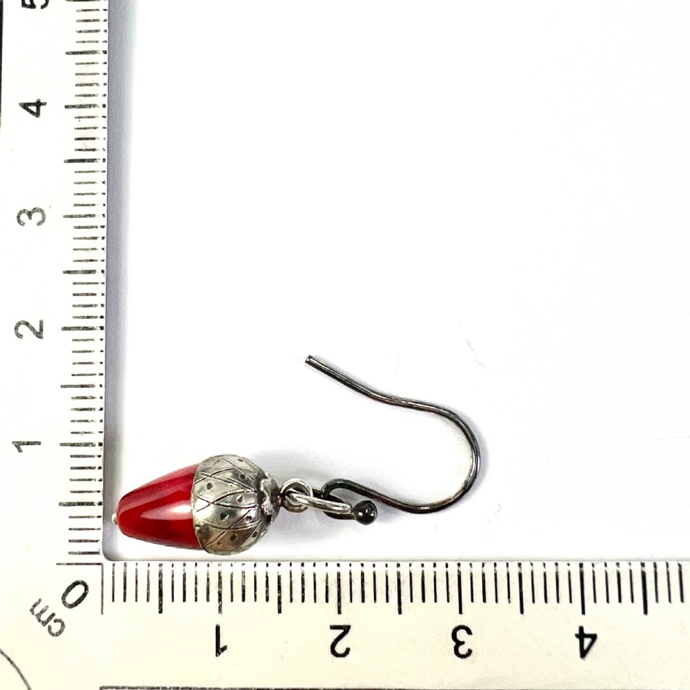 Victorian Silver Red Coral Acorn Earrings View VII