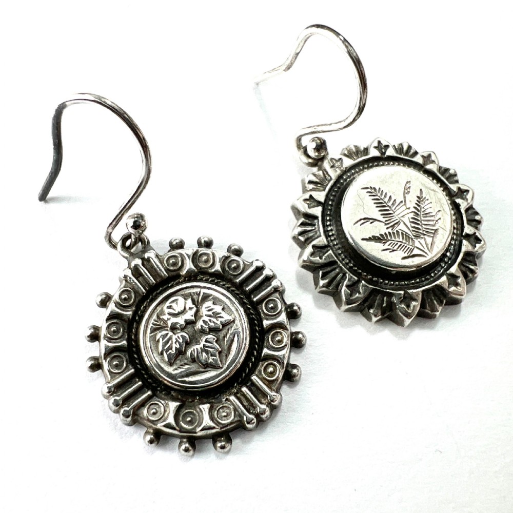 Victorian Aesthetic Period Botanical Mismatch Silver Earrings View IV