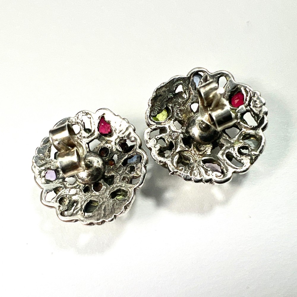 Austro Hungarian Harlequin Paste Silver Stud Earrings View IX