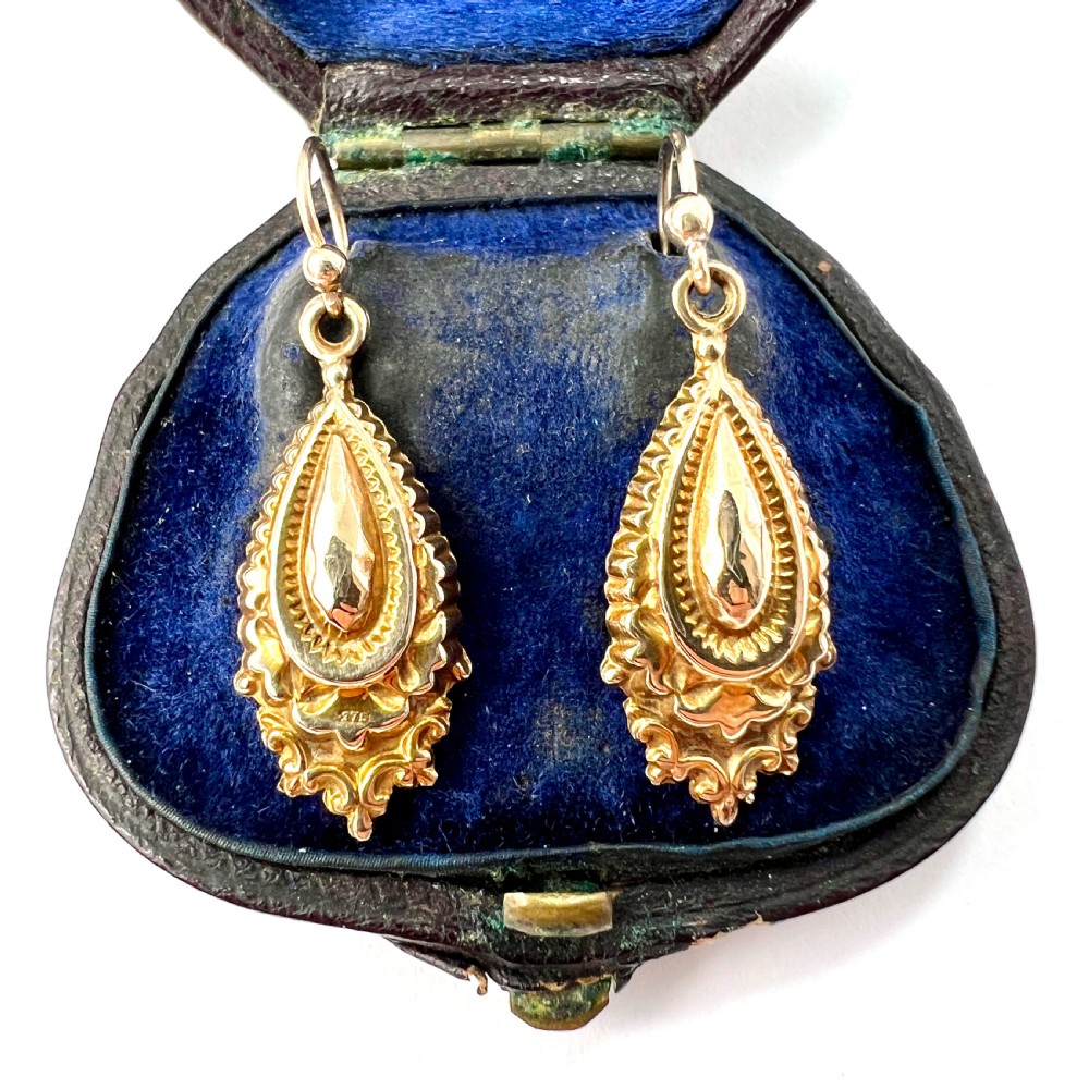 Victorian 9CT Gold Ornate Etruscan Style Drop Earrings