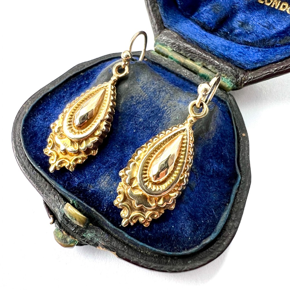 Victorian 9CT Gold Ornate Etruscan Style Drop Earrings View II