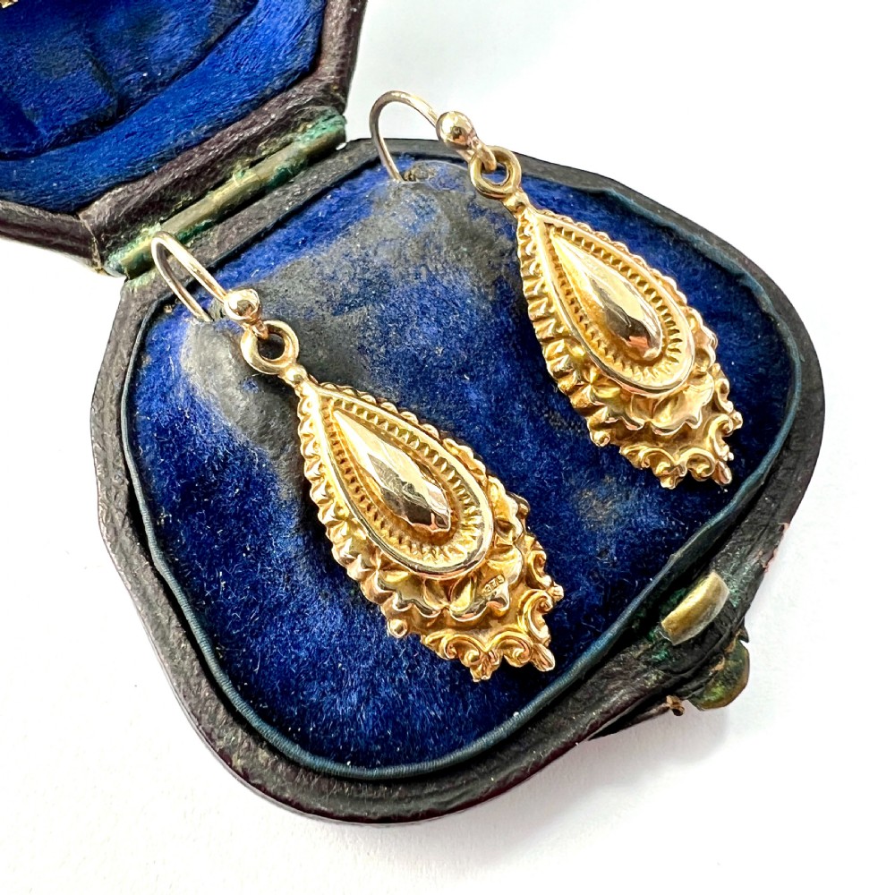 Victorian 9CT Gold Ornate Etruscan Style Drop Earrings View III