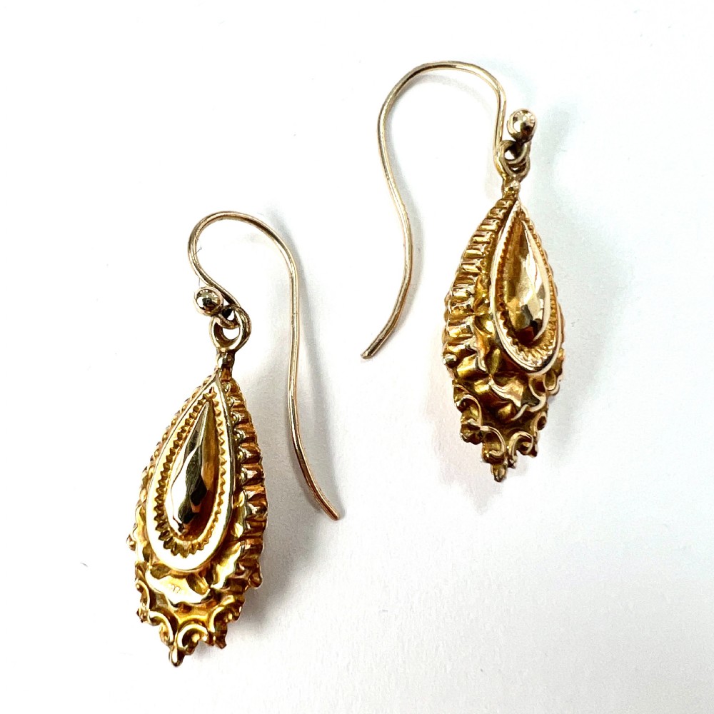 Victorian 9CT Gold Ornate Etruscan Style Drop Earrings View IV