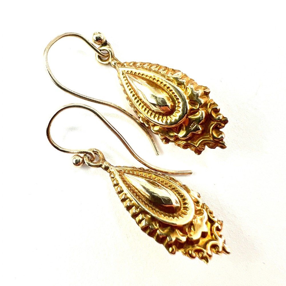 Victorian 9CT Gold Ornate Etruscan Style Drop Earrings View V