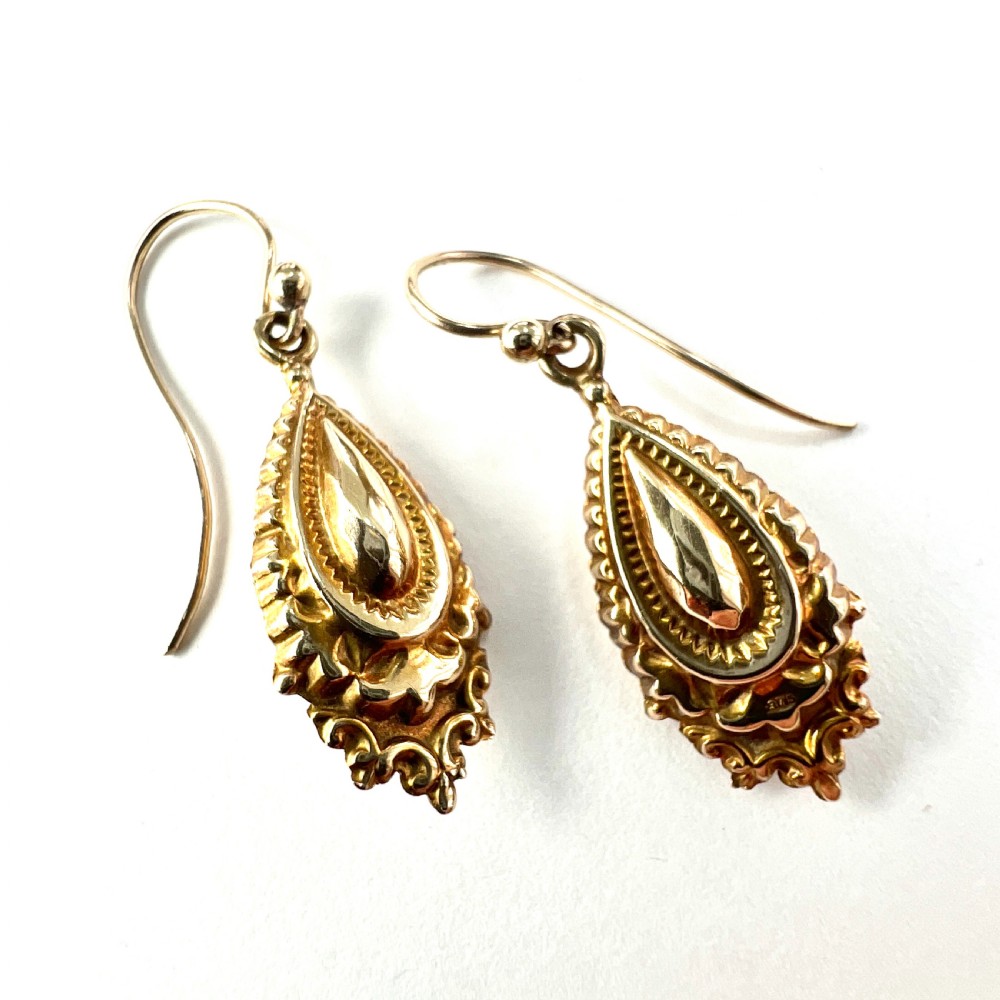 Victorian 9CT Gold Ornate Etruscan Style Drop Earrings View VIII