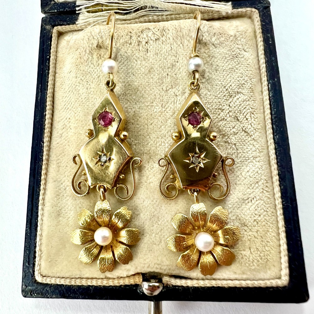 Victorian Ruby and Pearl 9CT Gold Flower Drop Earrings