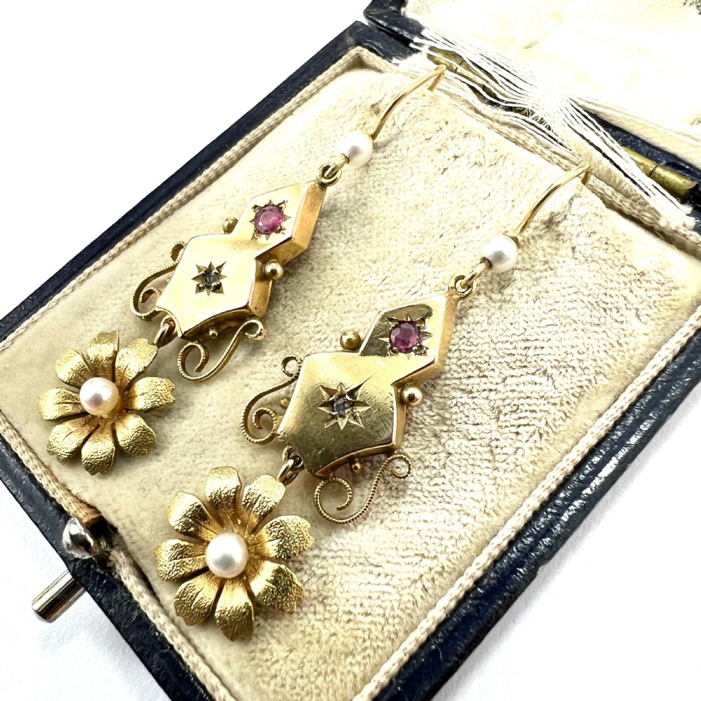 Victorian Ruby and Pearl 9CT Gold Flower Drop Earrings View II