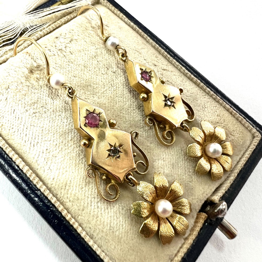 Victorian Ruby and Pearl 9CT Gold Flower Drop Earrings View III
