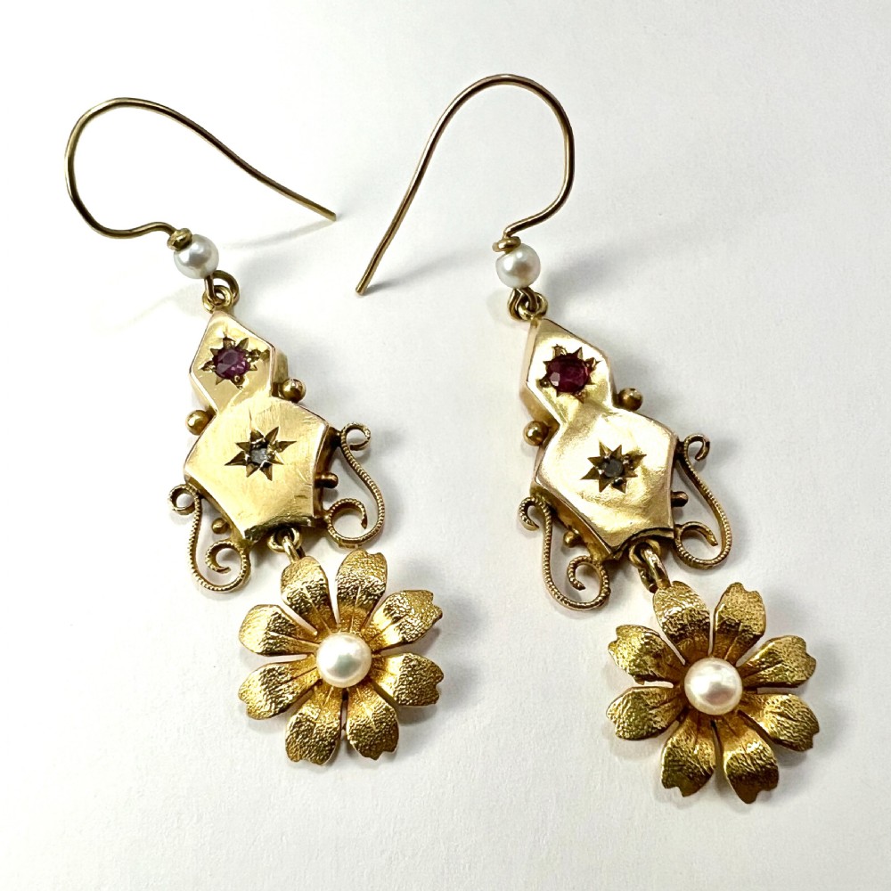 Victorian Ruby and Pearl 9CT Gold Flower Drop Earrings View V
