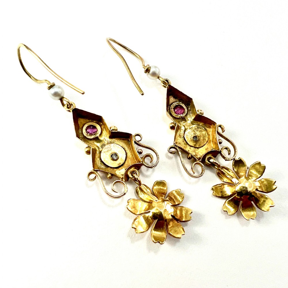 Victorian Ruby and Pearl 9CT Gold Flower Drop Earrings View VI