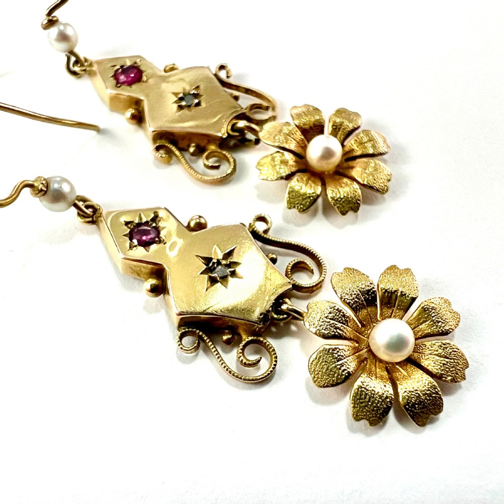 Victorian Ruby and Pearl 9CT Gold Flower Drop Earrings View VII