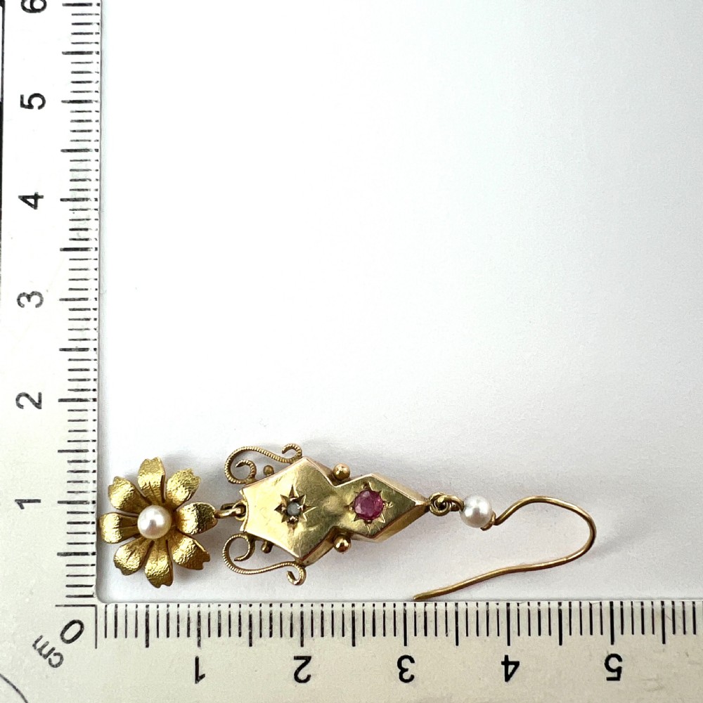Victorian Ruby and Pearl 9CT Gold Flower Drop Earrings View VIII