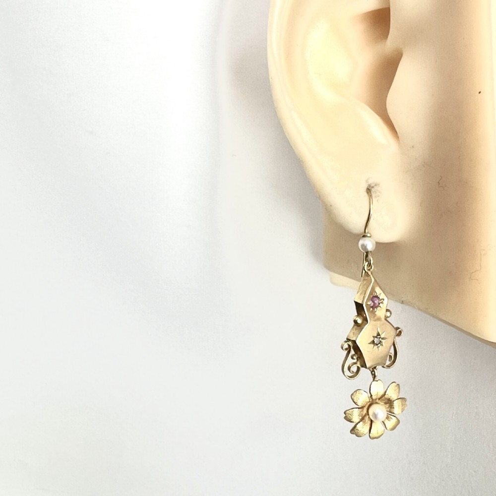 Victorian Ruby and Pearl 9CT Gold Flower Drop Earrings View IX