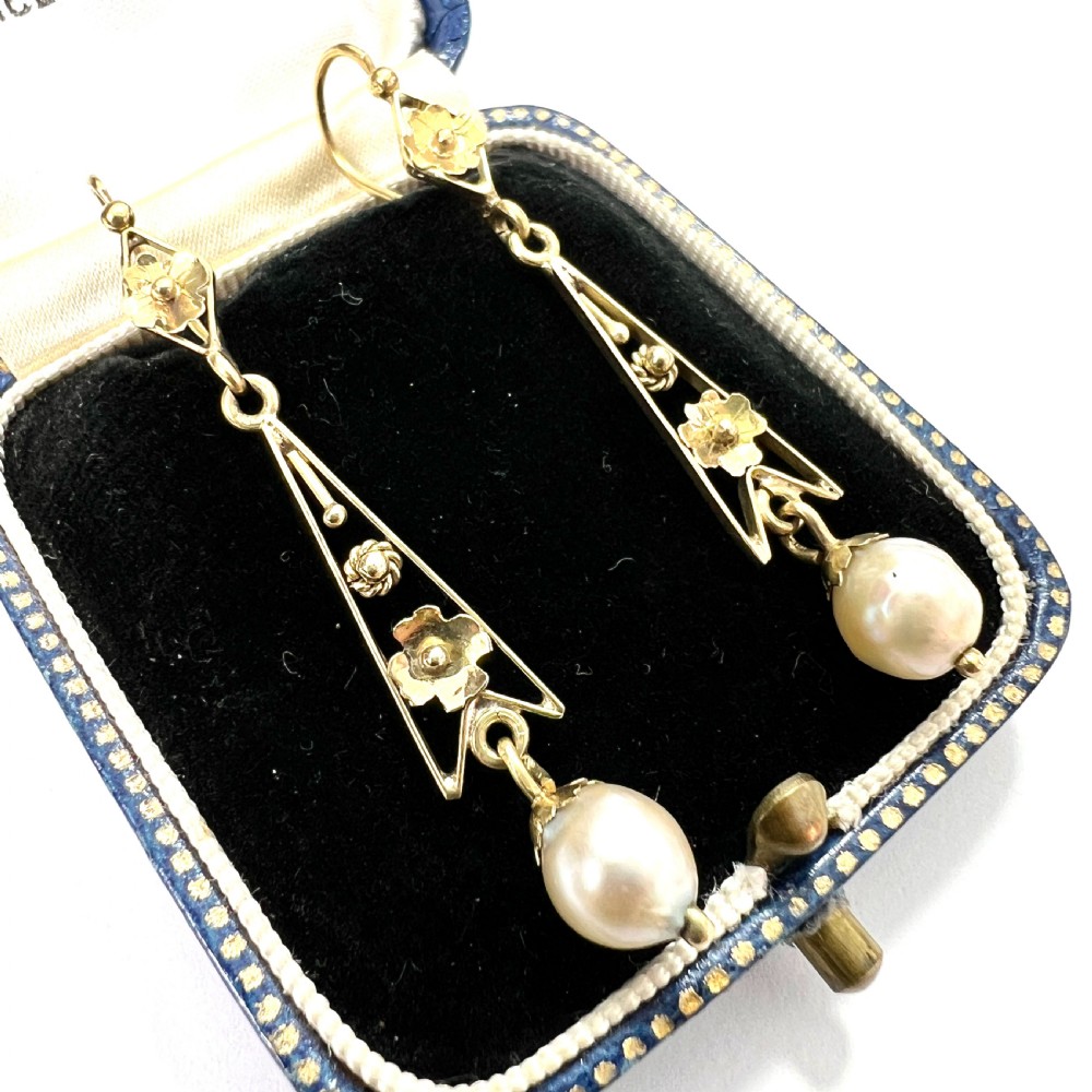 Edwardian 9CT Gold Pearl Drop Earrings View II