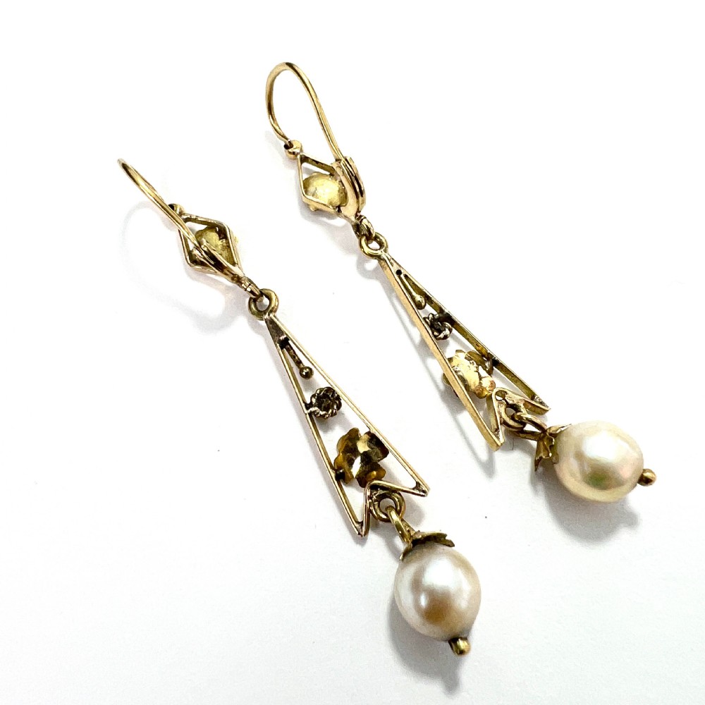 Edwardian 9CT Gold Pearl Drop Earrings View V