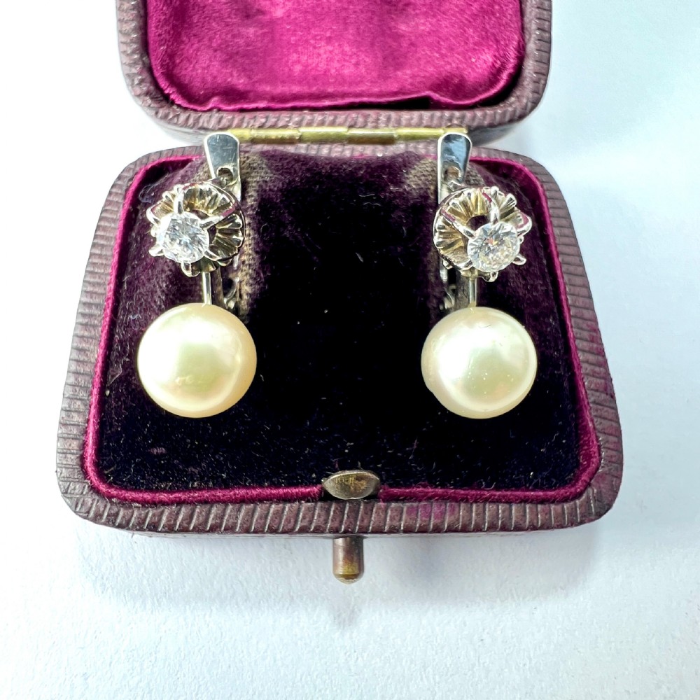Vintage 18CT Gold Diamond and Pearl Dormeuse Earrings