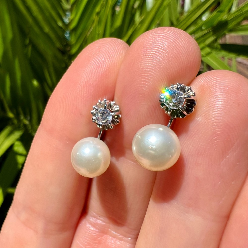 Vintage 18CT Gold Diamond and Pearl Dormeuse Earrings View II