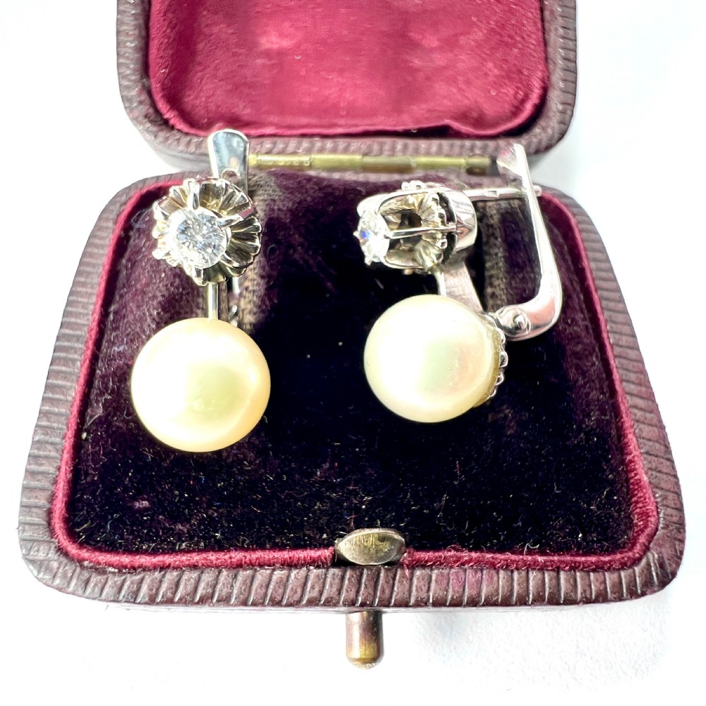 Vintage 18CT Gold Diamond and Pearl Dormeuse Earrings View III