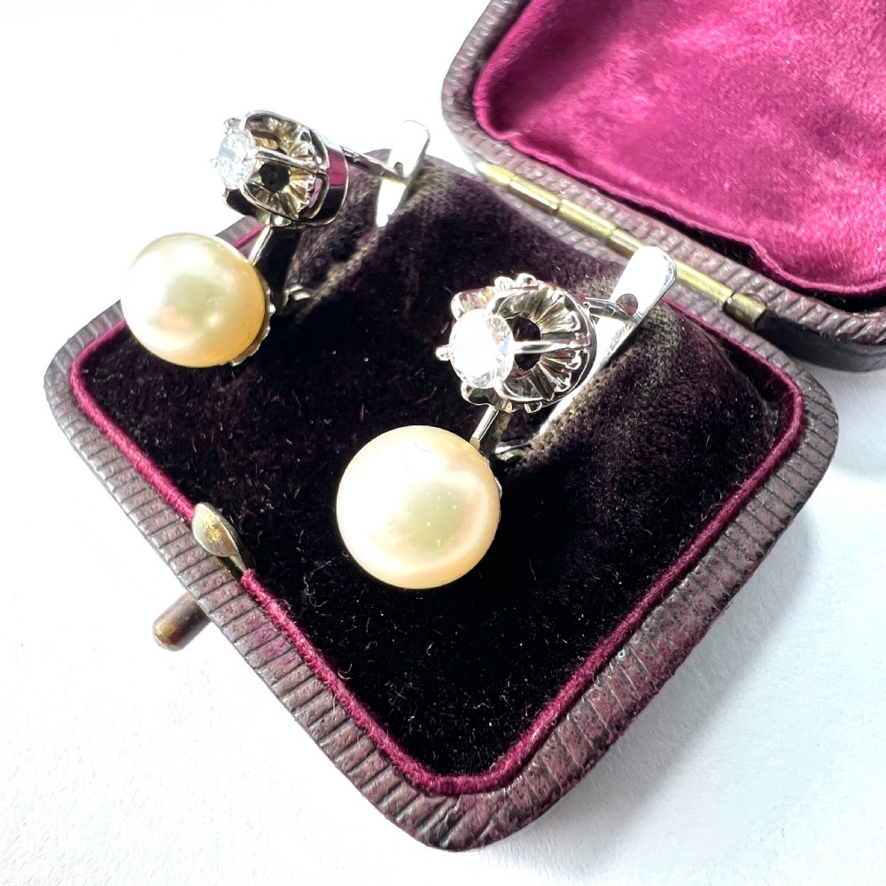 Vintage 18CT Gold Diamond and Pearl Dormeuse Earrings View IV