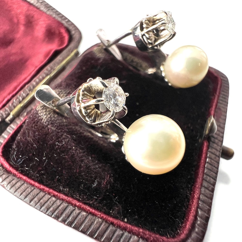 Vintage 18CT Gold Diamond and Pearl Dormeuse Earrings View VI