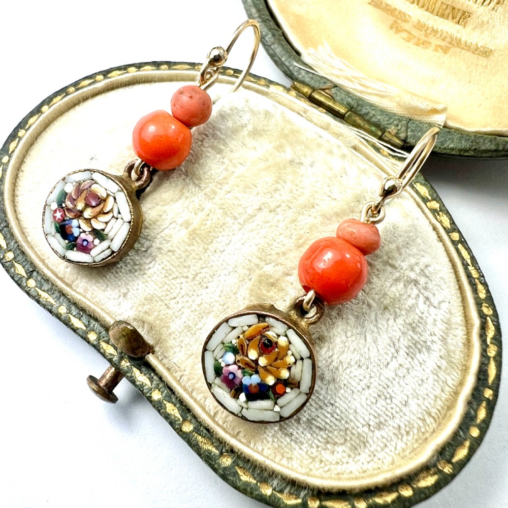 Antique Coral Micromosaic Earrings on 9CT Gold Wires View II