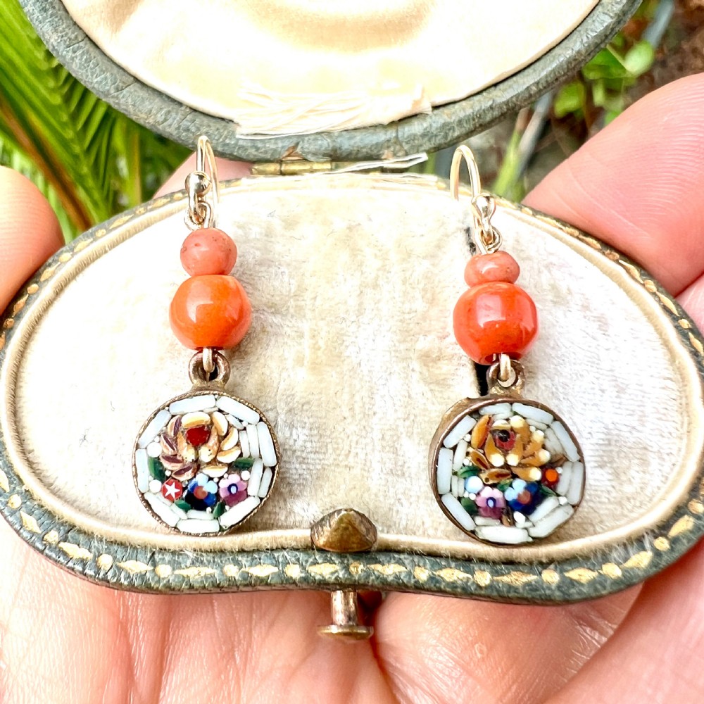 Antique Coral Micromosaic Earrings on 9CT Gold Wires View III